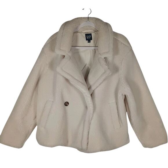 GAP Teddy Jacket Faux Sherpa Pea Coat Lined Off White Size Large - Picture 1 of 8